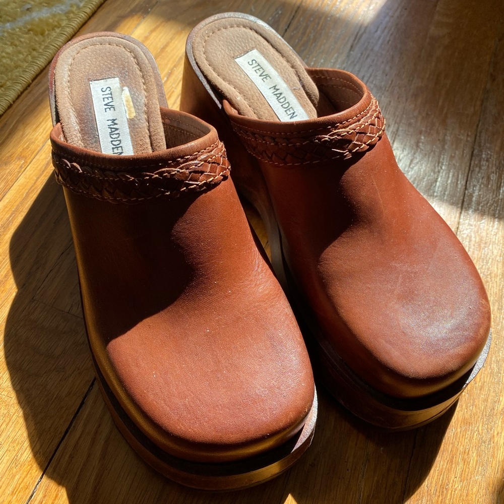 Steve Madden Outback 90s Y2K Chunky Wooden Platform Mules Clogs Leather Vintage